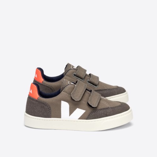 Veja V-12 Velcro Canvas Kaki Pierre Kids Trainers Brown UK 68869